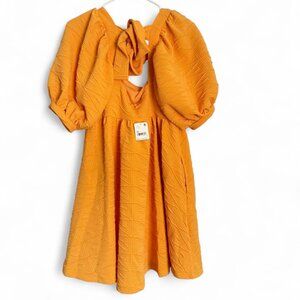 NWT Free People Women's Orange and Yellow Babydoll Puffy Sleeved Dress